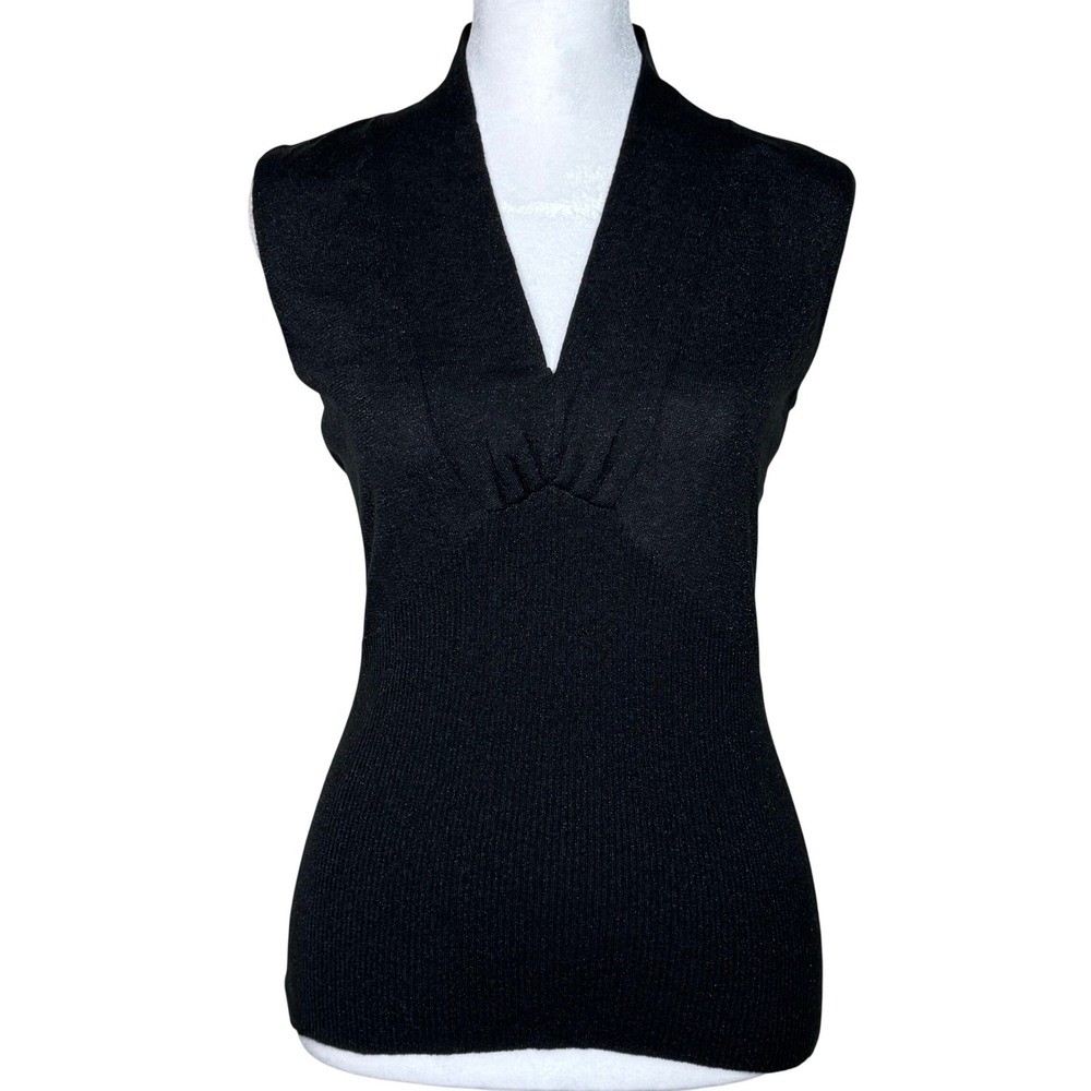 Carina Silk Blend V-Neck Shimmer Top‎ Womens Medium Black Stretch Quiet Luxury
